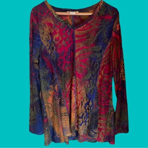 Burnout Velvet Burgundy Blue Leopard Print Long Sleeve Tunic‎ Size Large